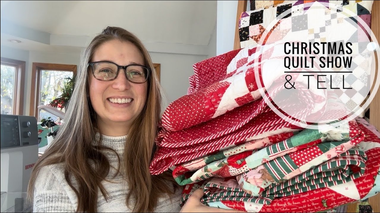 Christmas Quilt Show & Tell, Scrappy trip, tree skirt, Abloom quilt, Tidings quilt, VLOG