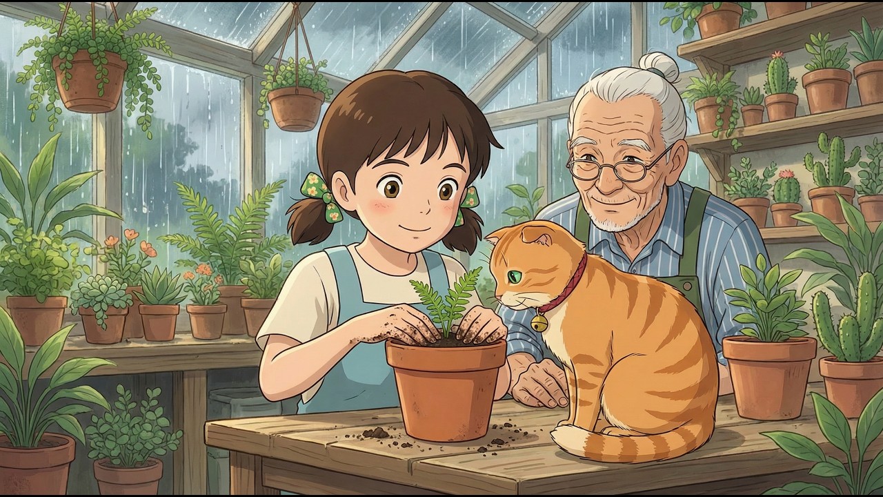 A Quiet Rainy Afternoon in a Beautiful Botanical Greenhouse | Ghibli-Style ASMR