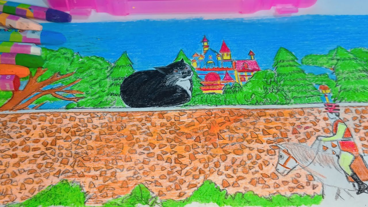 Maxwell Cat Sat On The Wall With Cvs Humpty Dumpty Background Using Coloring Pencil And Cray-Pas