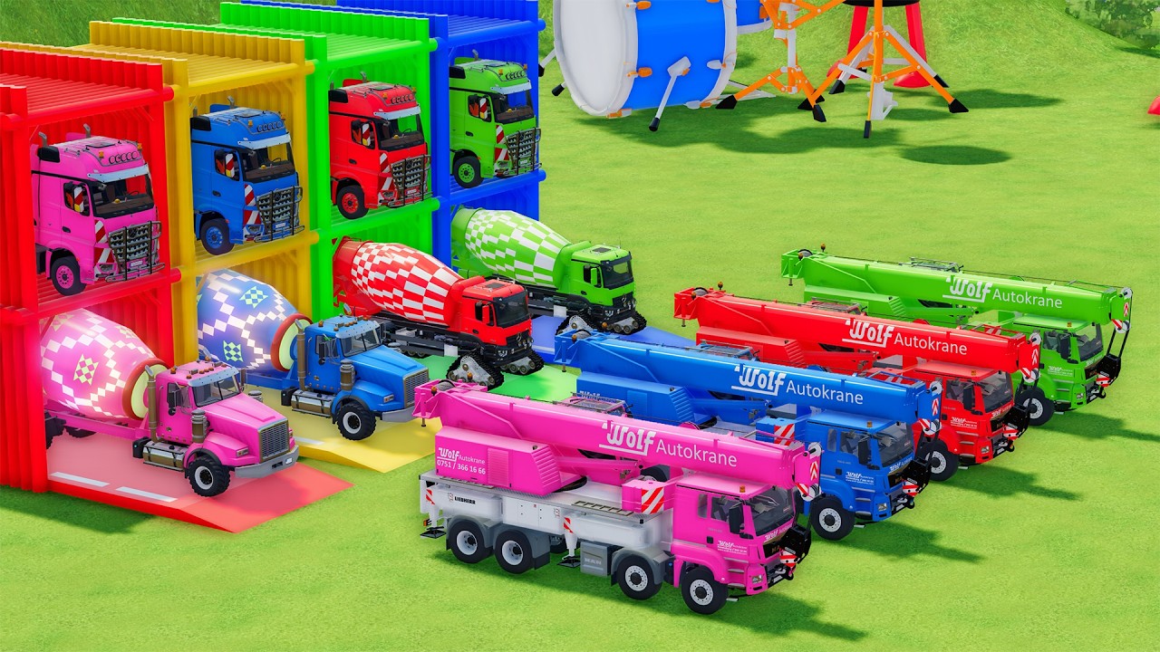 Garage with Colors - ALL MIXER TRUCK WITH DOUBLE FLATBED TRAILER TRUCK, LIZARD, MERCEDES, LIEBHERR