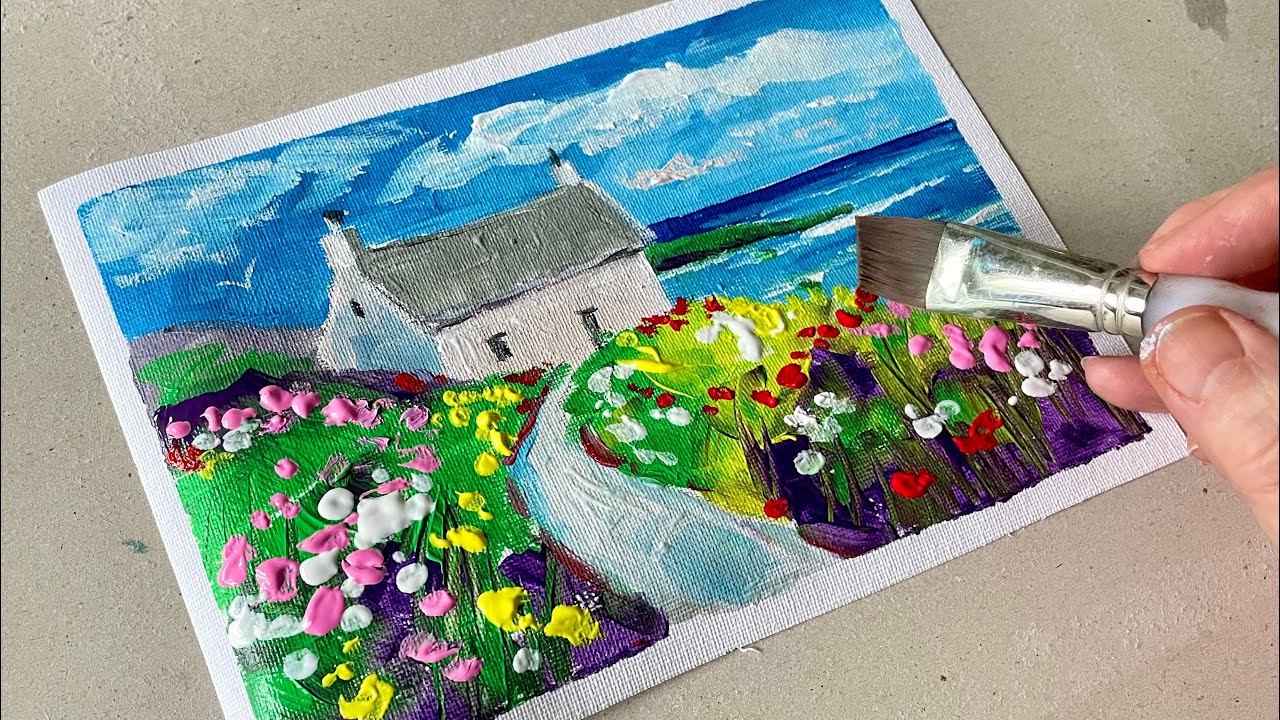 How to paint a Romantic Cottage by the sea in Acrylics