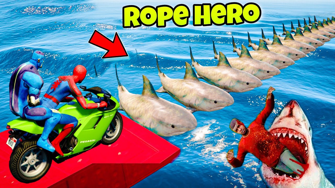 Rope Hero And Spider-Man Tried Impossible Shark Bride Bike Parkour Challenge Gta 5