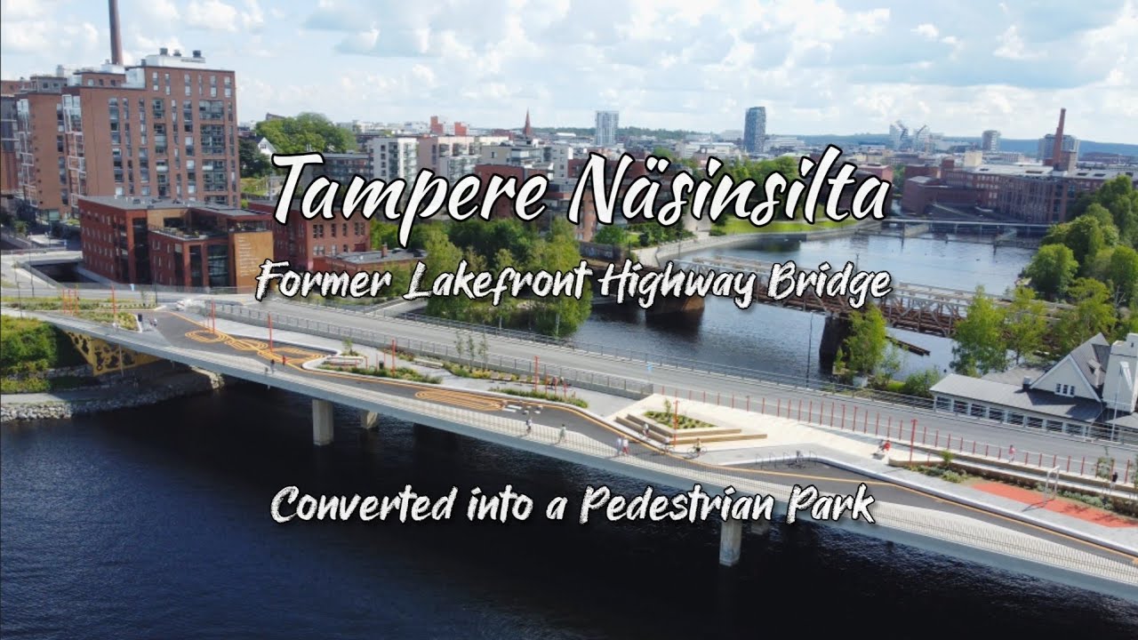 Pedestrian Park Built on a Lakeside Highway Bridge Näsinsilta in Tampere - Drone View 7/2023