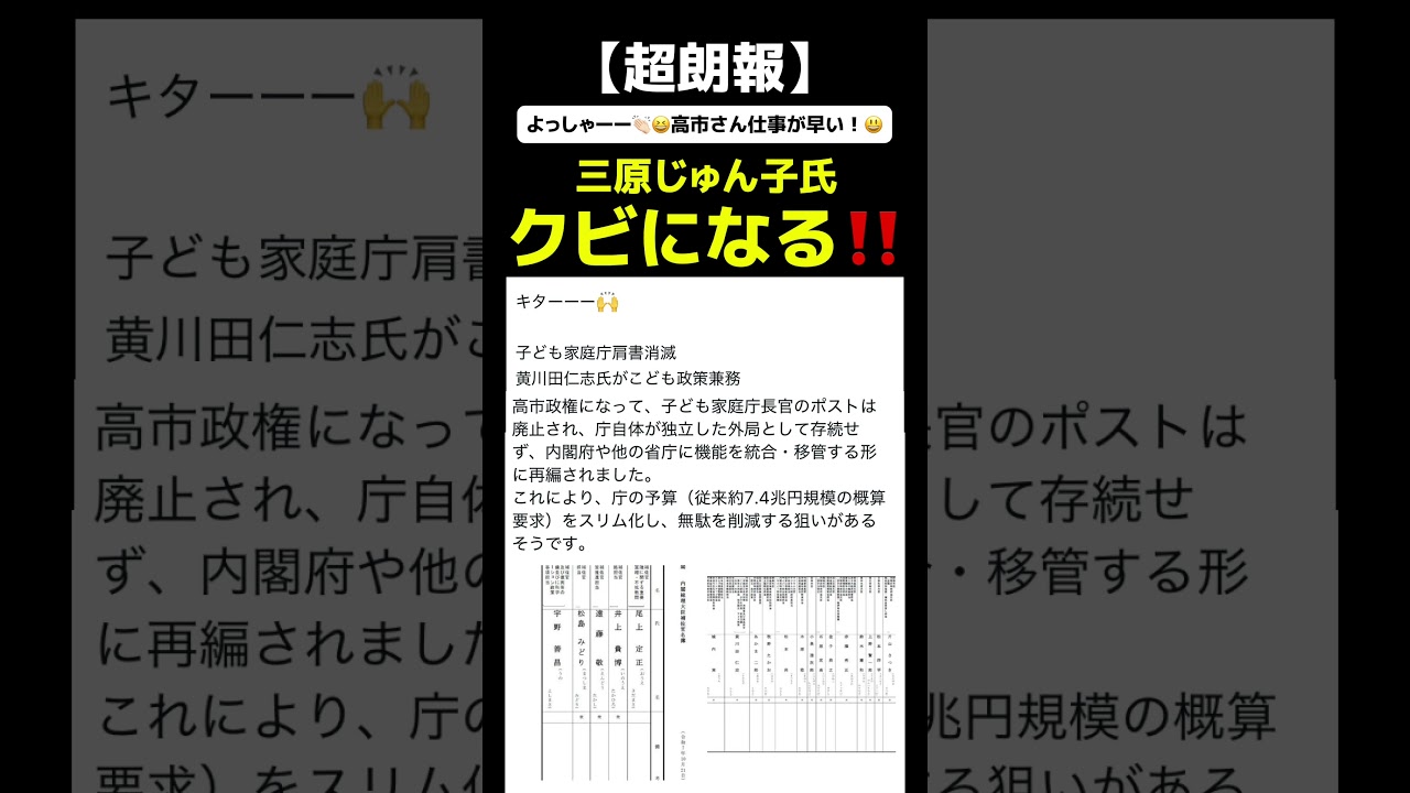 【超朗報】こども家庭庁を内閣府や他の省庁に機能を統合・移管する形に再編！三原じゅん子氏から黄川田仁志氏へ！#こども家庭庁 #三原じゅん子 #政治 #政治問題 #政治ニュース #今井絵理子 #高市