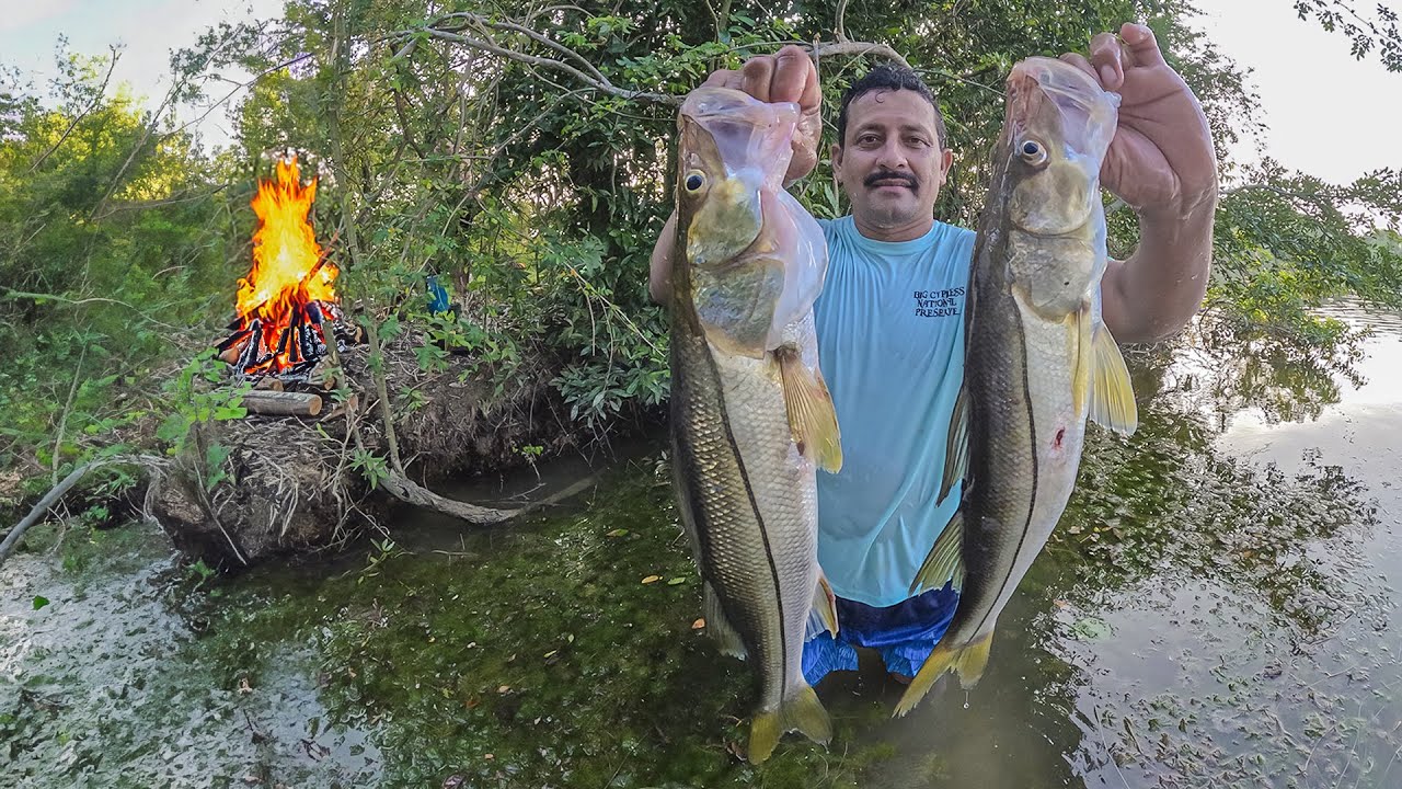 Pescando ROBALOS DE RIO Con arpón y cocinando con un bello atardecer