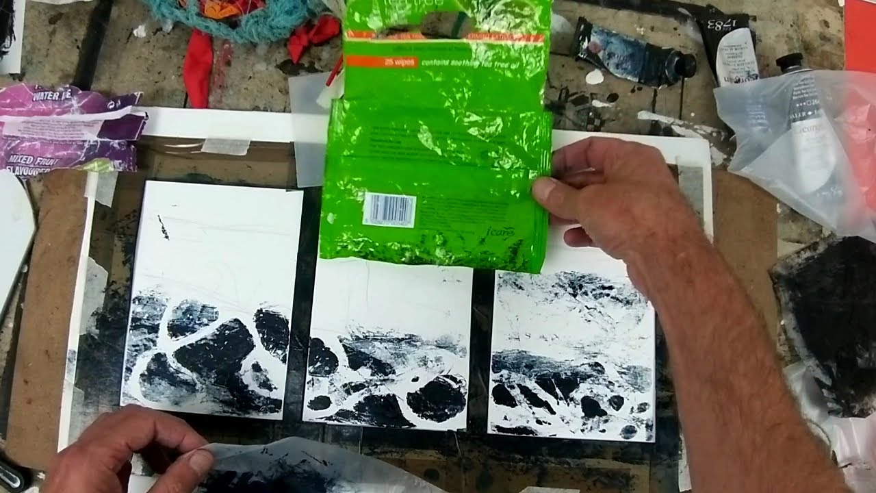 Monoprinting an abstract seascape using beach debris and oil paint