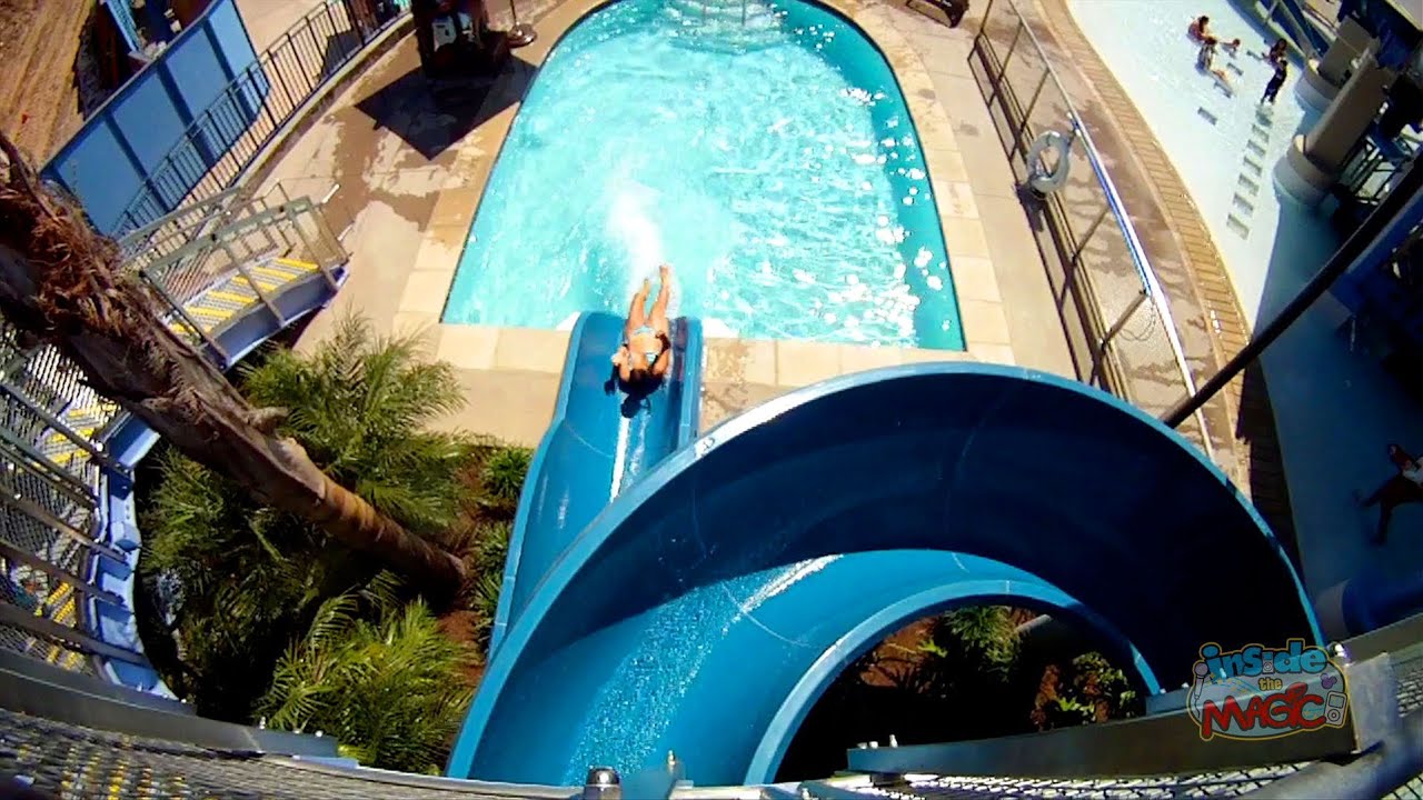 New Disneyland Hotel pool monorail water slides - POV ride on Red and Blue!