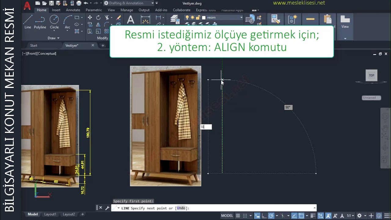 Autocad referans resim üzerinden modelleme -Vestiyer Modelleme- Bilgisayarlı Konut Mekan Resmi