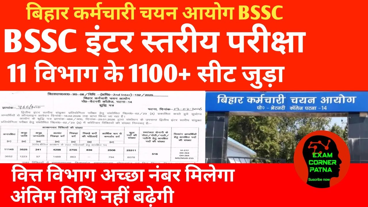 BSSC इंटर स्तरीय 11 विभाग सीट जुड़ा 🔴 वित्त विभाग नंबर 🔴अंतिम तिथि 🎯#bsscinterlevel #bssc#bsscexam