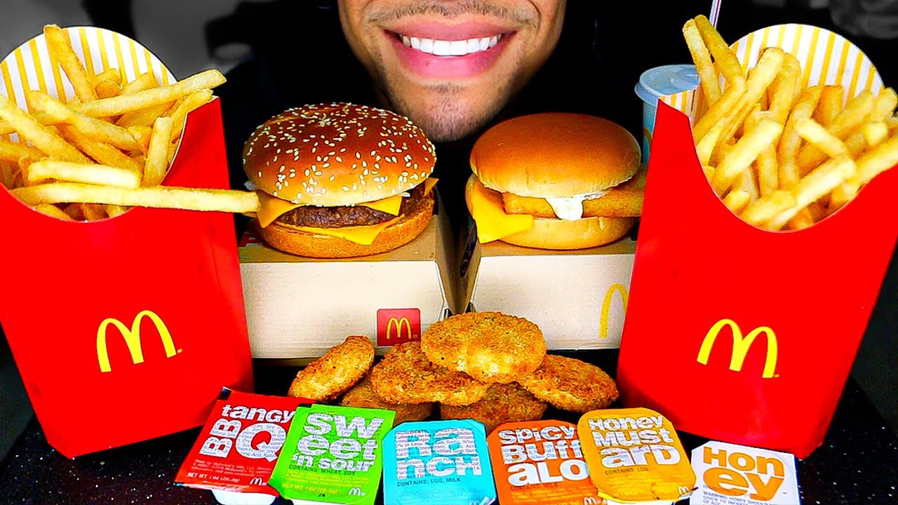 ASMR MCDONALDS CHICKEN NUGGETS FILLET FISH QUARTER POUNDER WITH CHEESE FRIES EATING SHOW MUKBANG