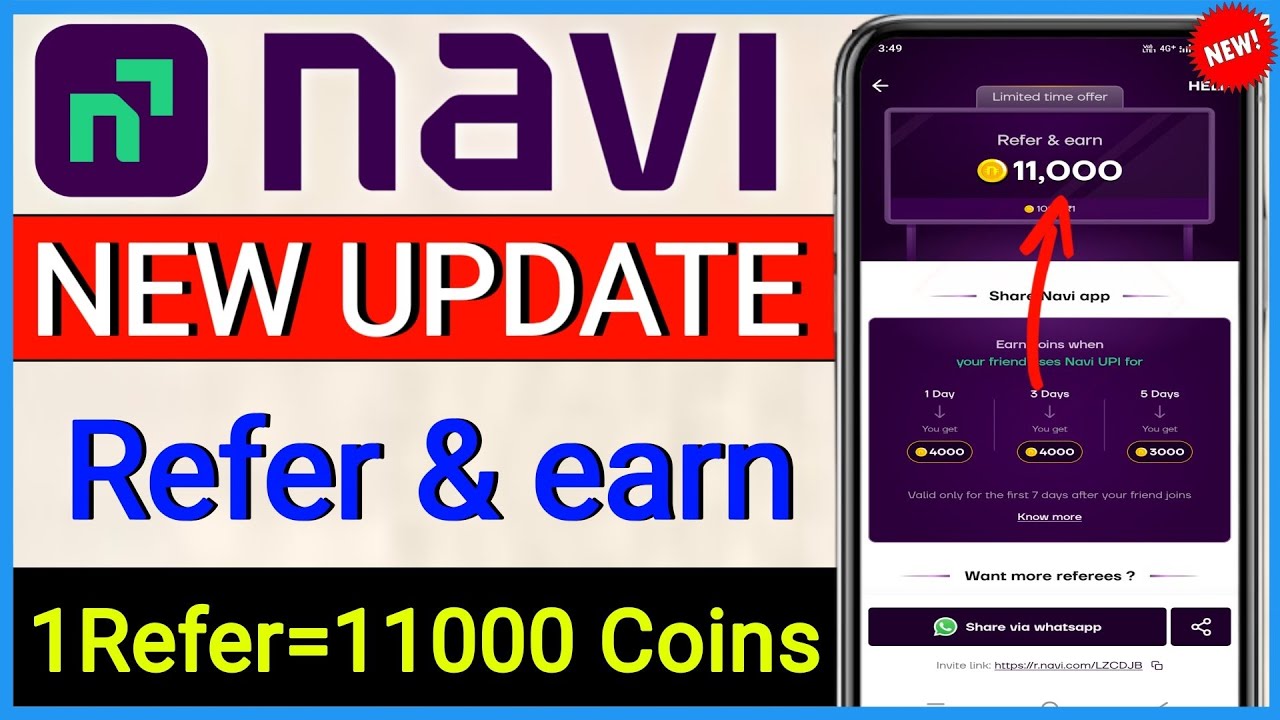 Navi refer and earn me coins kaise badhaye// navi app refer and earn 11000 coin//Navi refer and earn