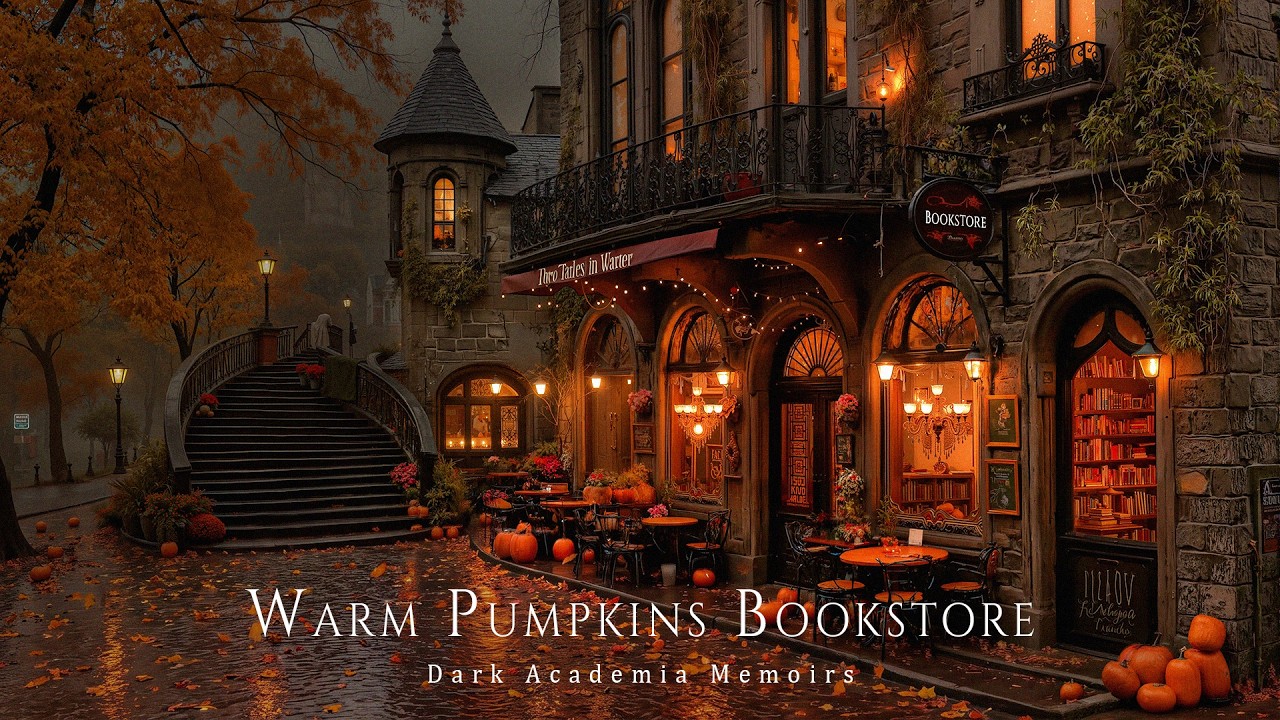 Rain Falling Around a Warm Autumn Pumpkins Bookstore | Dark Academia Music Ambience for Deep Focus
