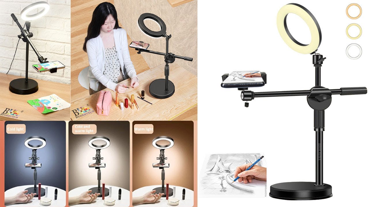 BROLAVIYA Overhead Video Stand with 6-inch Ring Light, Metal Rod,1/4