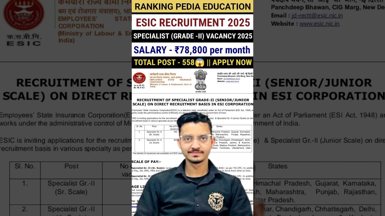 ESIC Specialist Grade 2 Recruitment 2025 | ESIC Vacancy 2025 #esicjob #job #shortsfeed #esicvacancy