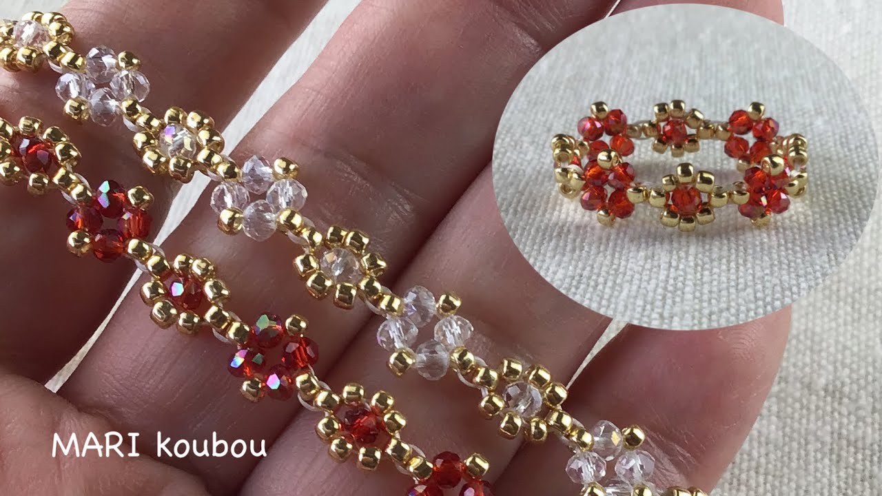 ボタカットビーズと丸小ビーズで作るブレスレットとリング/bracelet and ring