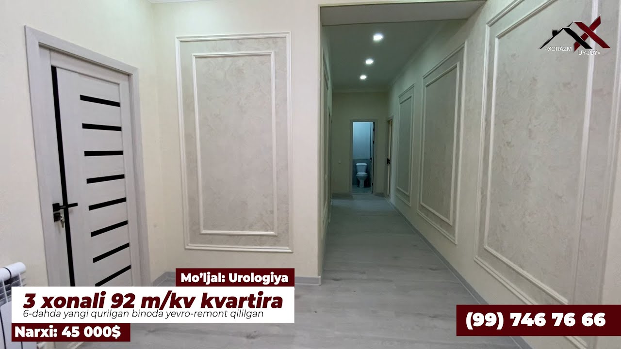 Urganch shahar markazida 3 xonali 92 m/kv kvartira sotiladi Tel: (99) 946 76 66