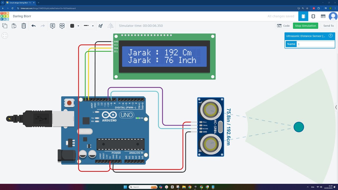 Tutorial Membuat PENGUKUR JARAK Sensor Ultrasonik dalam Cm dan Inch LCD I2C di TINKERCAD