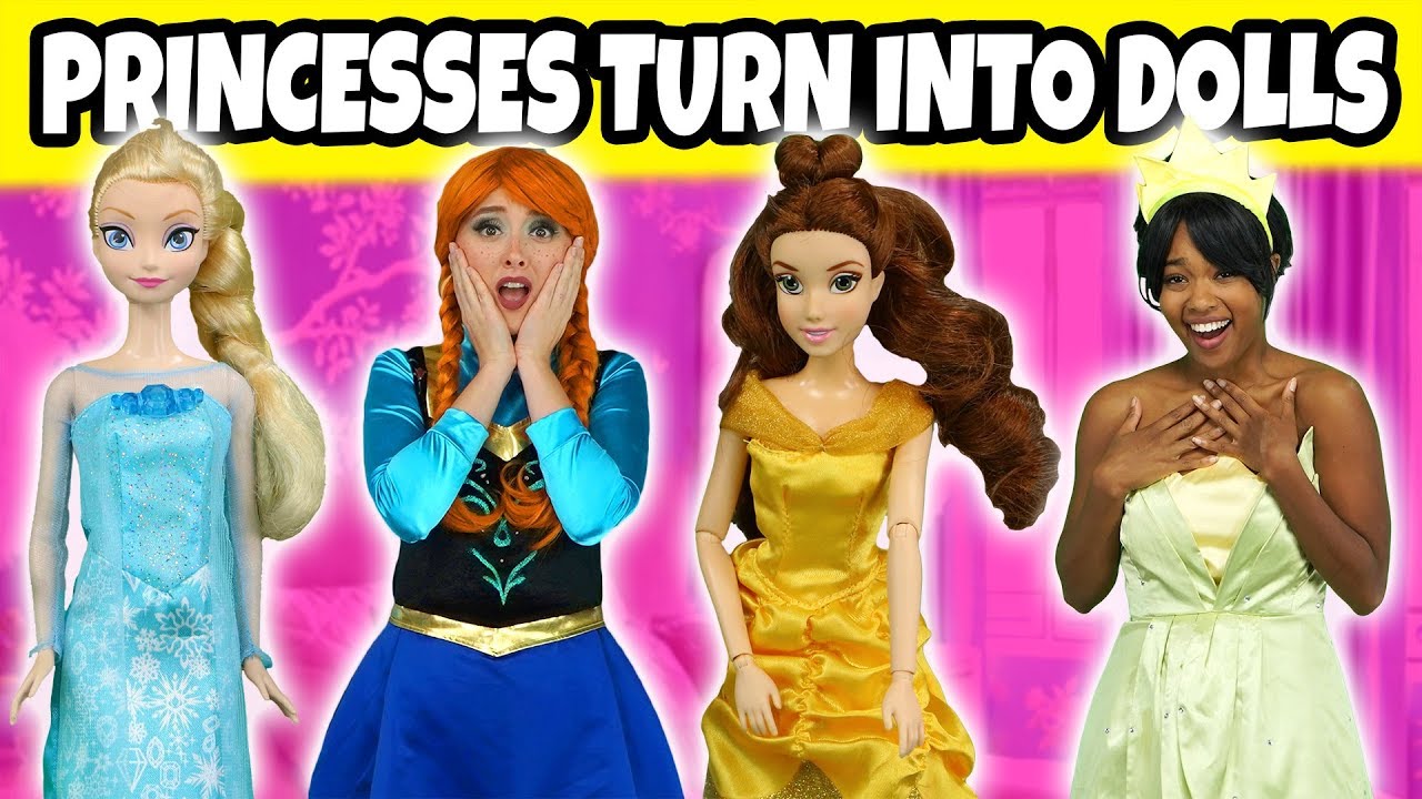 DISNEY PRINCESSES TURN INTO DOLLS (Elsa, Anna, Tiana and Belle are Under a Spell) Totally TV