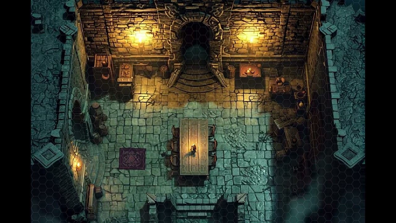 DnD compatible animated map _ Dungeon Interior with Cozy Atmosphere _ hex grid for VTT