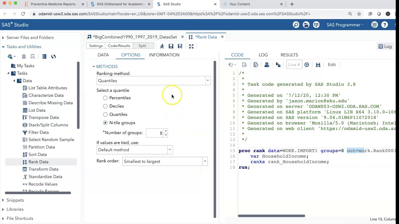 Creating Library Files and Creating Quartiles, Quintiles, and/or Deciles from Data in SAS Studio