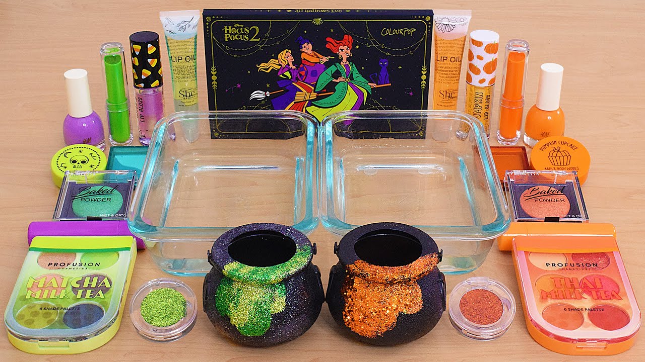 Witches' Brew vs Pumpkin Stew Halloween Slime ASMR - Mixing Makeup Eyeshadow Into Satisfying Slime