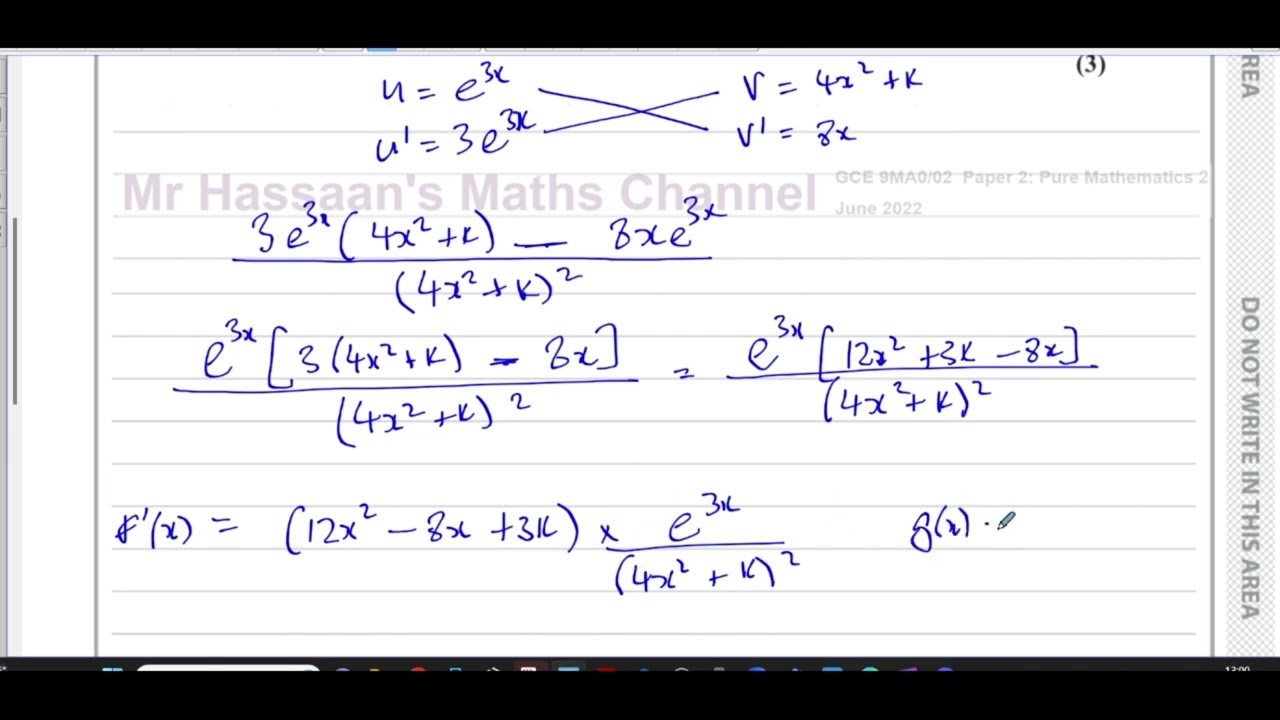 [P3], Edexcel, (GCE), 9MA0/02, A2, (UK), June 2022, Q12, Differentiation, the Quotient Rule