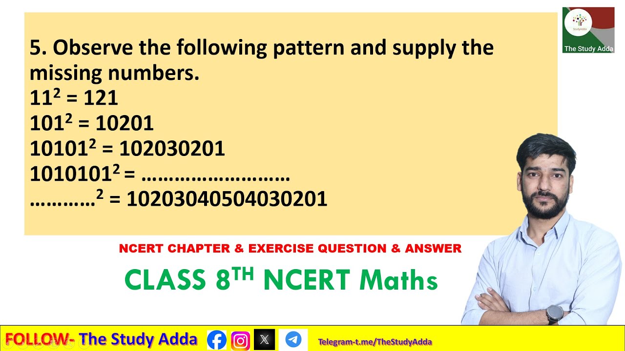 Observe the following pattern and supply the missing numbers. 11^2 = 121 101^2 = 10201