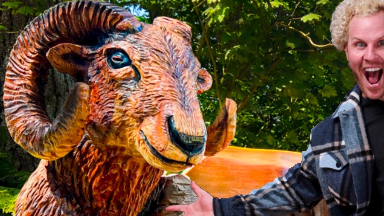 Incredible Wood CHAINSAW Carving BIGHORN SHEEP - Bench