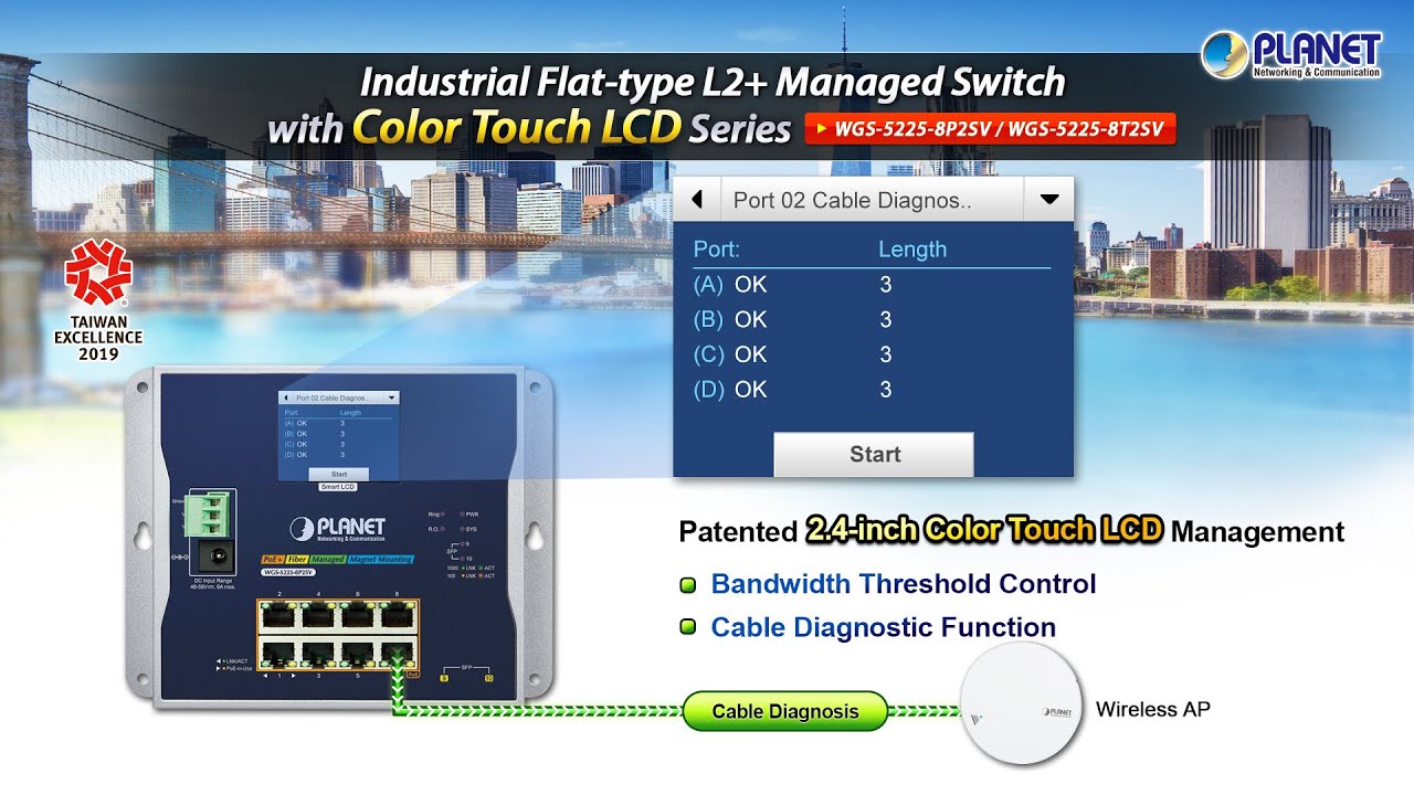 Industrial Flat-type L2+ Managed Switch with Color Touch LCD Series (WGS-5225-8P2SV/WGS-5225-8T2SV)