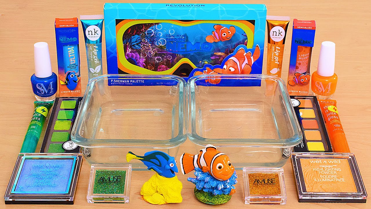 Blue Green vs Orange- Mixing Makeup Eyeshadow Into Slime ASMR with Finding Nemo Makeup