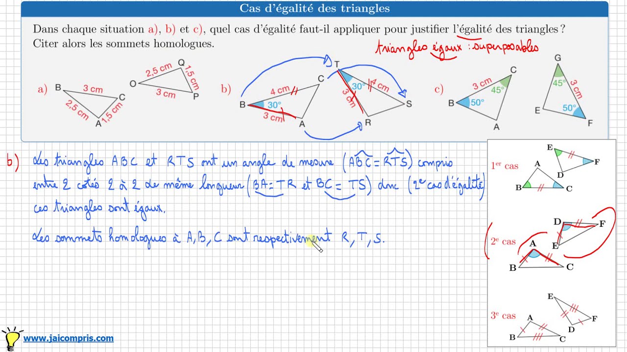 Triangles égaux • Exercice pour s'entrainer à utiliser les 3 cas d'égalité des triangles • Quatrième