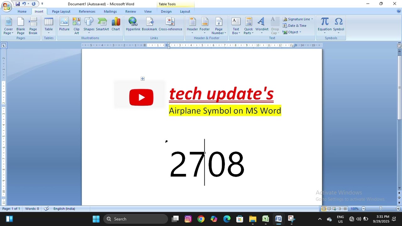 AIRPLANE symbol in MICROSOFT word Just 1 mint