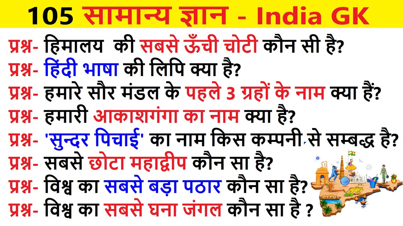 Top 105 Hindi GK Questions | Simple GK Quiz for Students | India General Knowledge in Hindi #GK