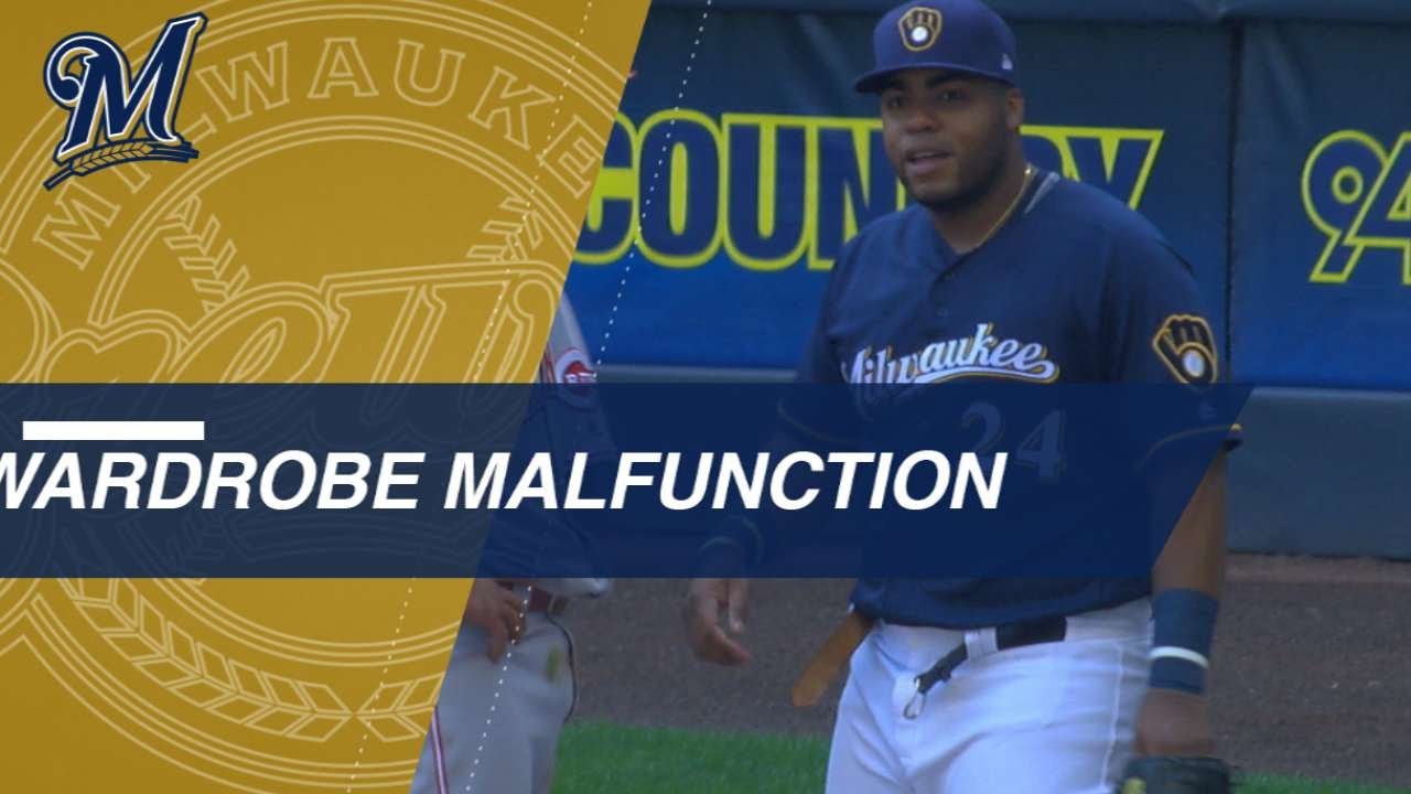 Jesus Aguilar gets distracted by his broken belt