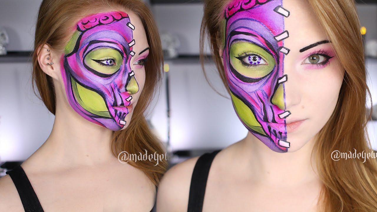 EYESHADOW AND EYELINERS ONLY | Colorful Half Skull Makeup Tutorial