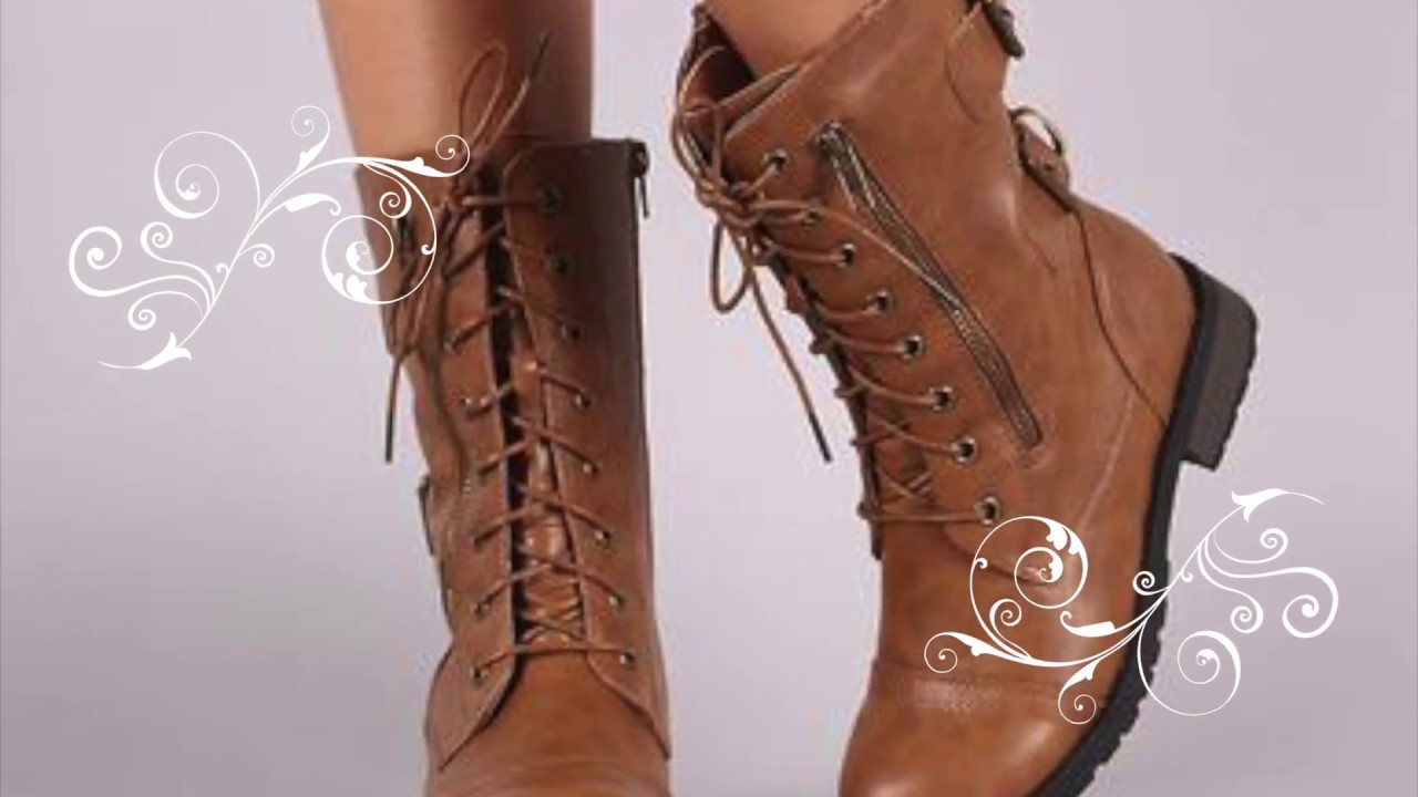 Buckle And Zipper Trim Lace-Up Combat Mid-Calf Boots