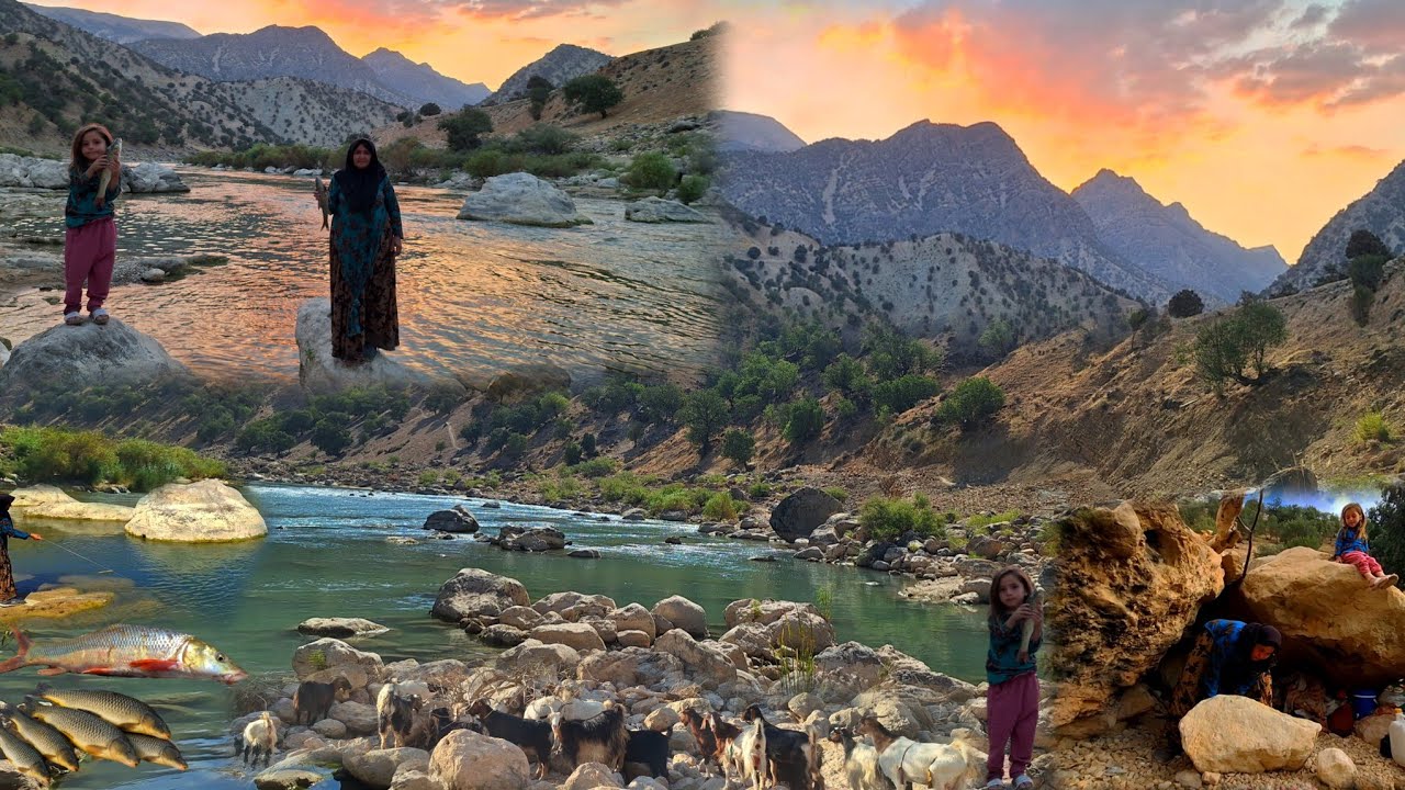 🎣Mother and 6-year-old daughter by the roaring river of Khersan | Fishing and building a shelter 🏕️🌊