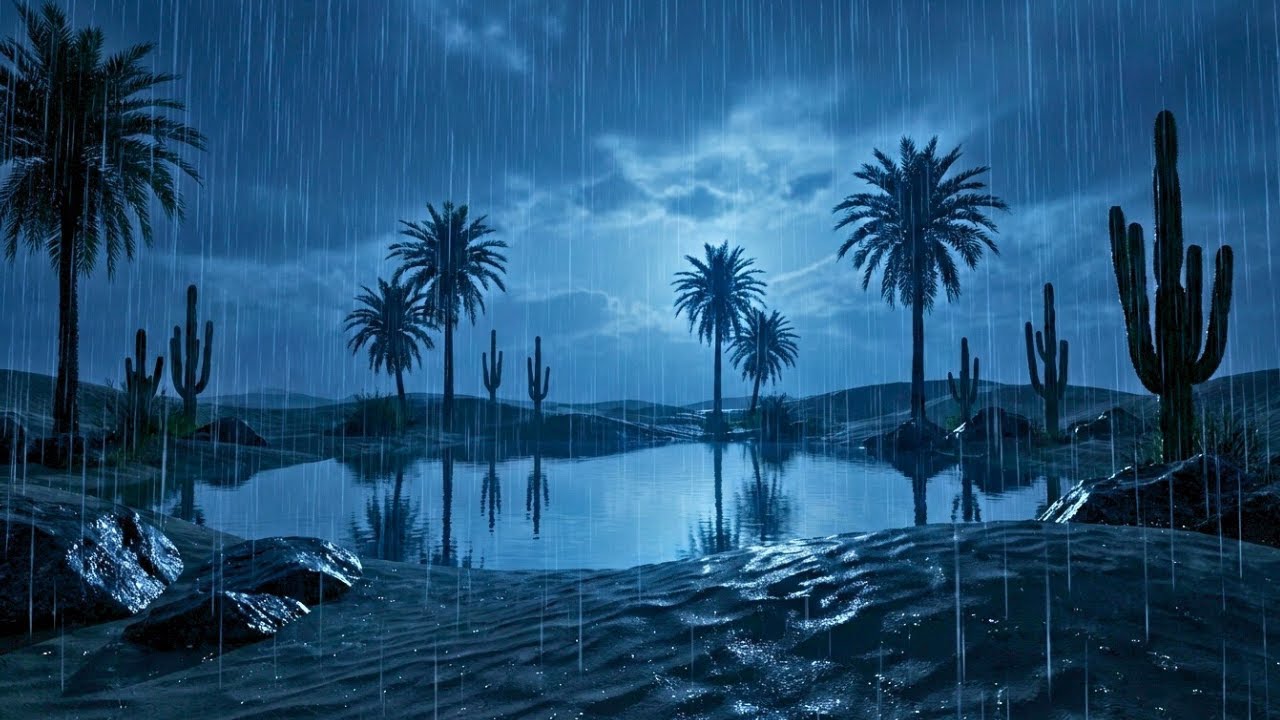 Peaceful Desert Oasis Rain at Night | Total Calm