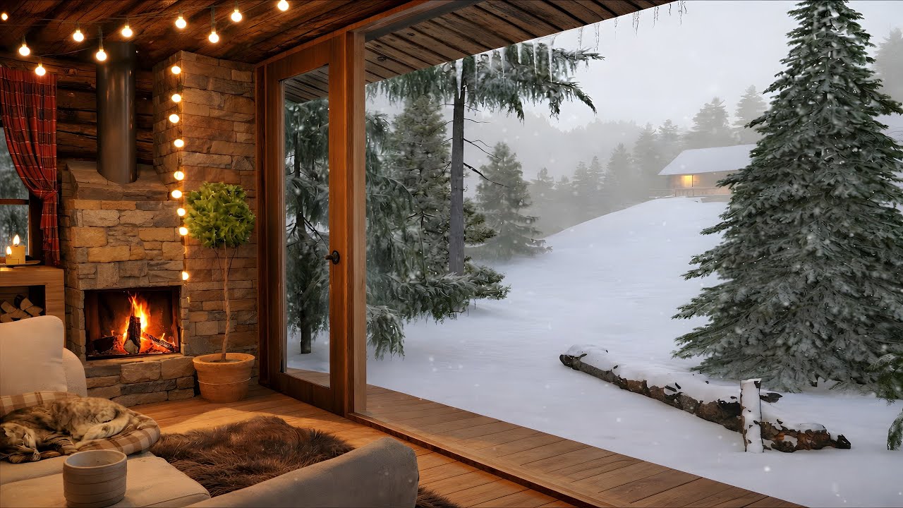 Warm Cabin Inside | Fireplace & Snowy Wind Ambience