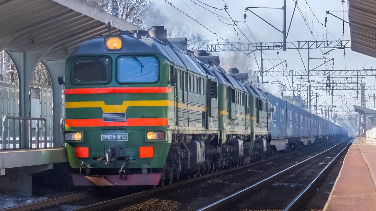 Трехсекционный тепловоз из Карелии покоряет Московскую область! 3М62У-0063 в зелёном окрасе. 