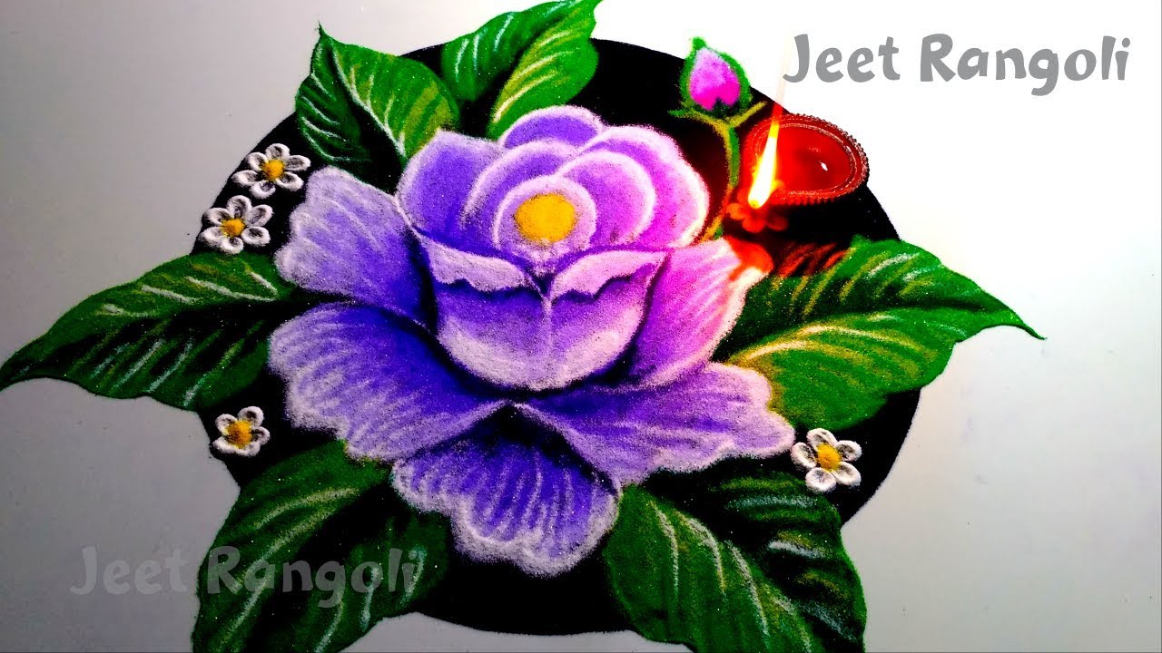 Beautiful Rose flower rangoli step by step with voice demonstration.