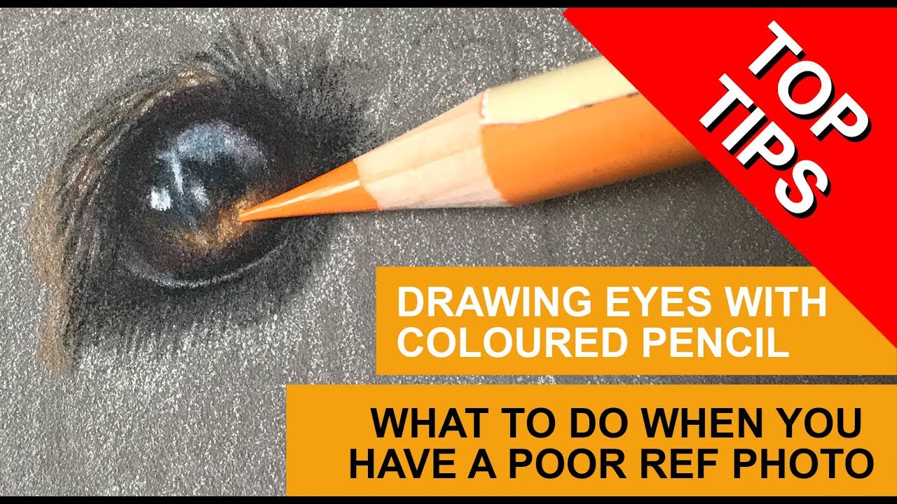 Drawing a dog's eye with coloured pencil from a poor photo