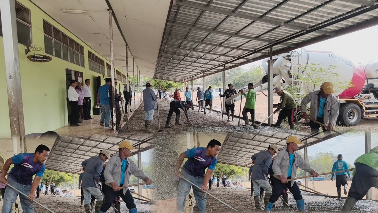 เทปูนหน้าอาคารเรียน2 ผู้ใหญ่บ้านมาเจอกันช่วยกันพัฒนาอาคารเรียน