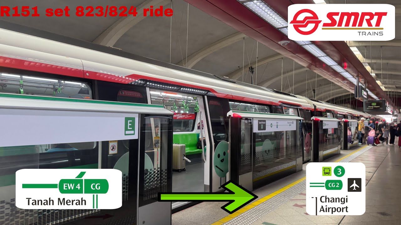 (Exterior train ads) R151 set 823/824 ride from EW4/CG Tanah Merah to CG2 Changi Airport