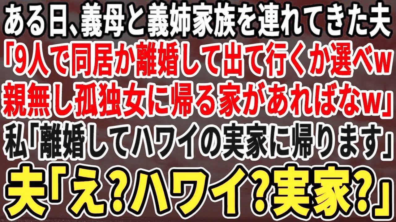 【スカッとする話】ある日突然、義母と義姉家族を連れて来た夫「今日から同居ｗ嫌なら離婚して出てけw親なし女に帰る家があるならなｗ」私「なら離婚で。そしてアメリカの実家に帰ります」夫「え？アメリカ？」