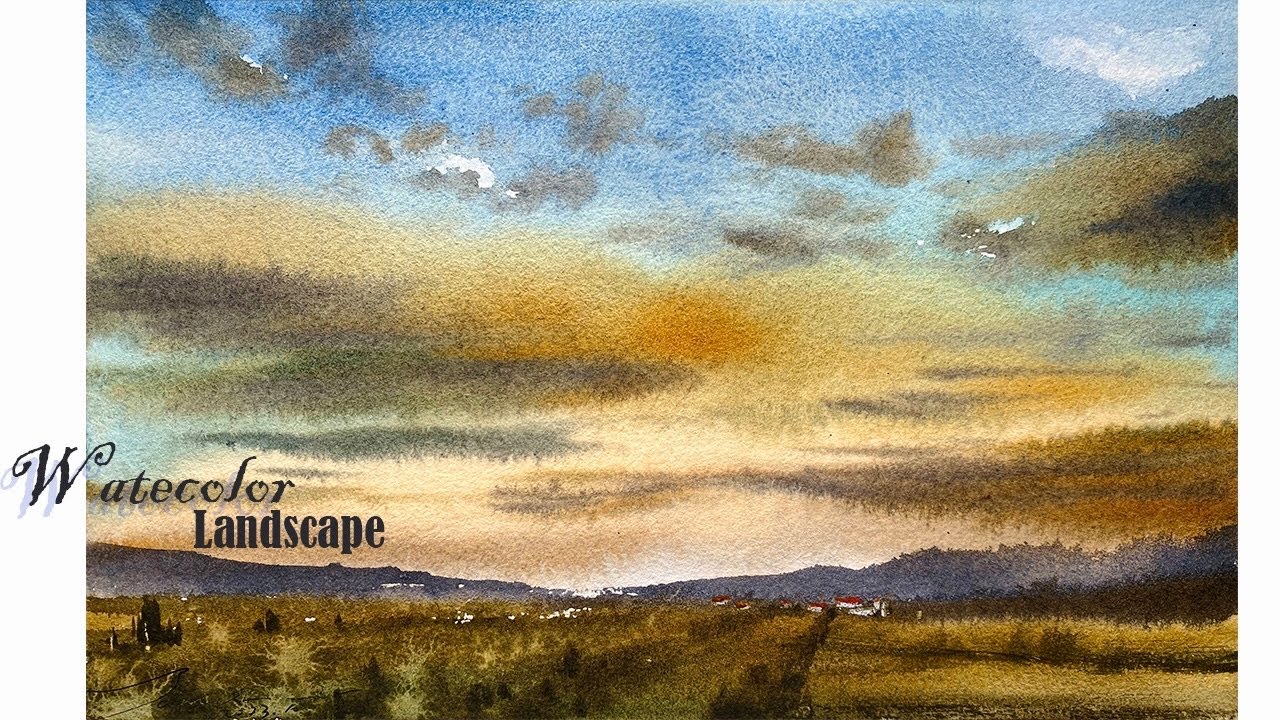 Painting process of watercolor landscape, clouds