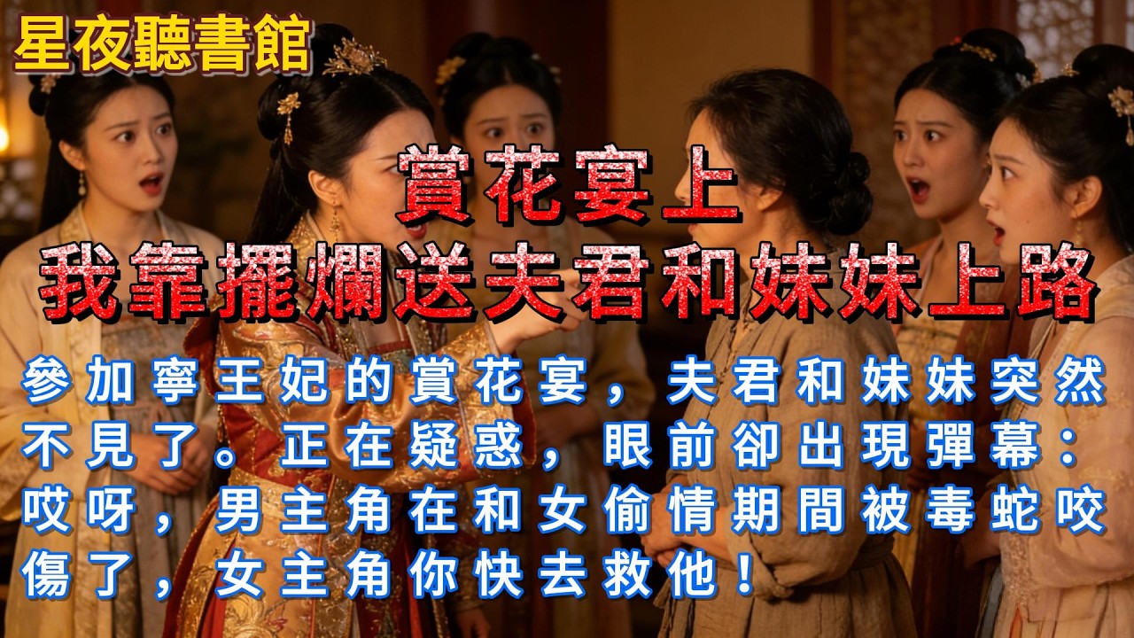 《賞花宴上，我靠擺爛送夫君和妹妹上路》參加寧王妃的賞花宴，夫君和妹妹突然不見了。正在疑惑，眼前卻出現彈幕：哎呀，男主角在和女偷情期間被毒蛇咬傷了，女主角你快去救他！#一口氣看完 #爽文 #小说推荐