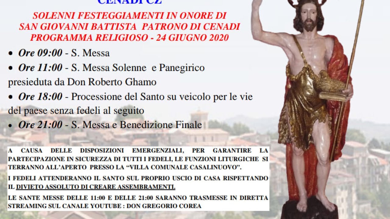 Santa Messa San Giovanni Battista in diretta da Cenadi (Cz) 24 Giugno 2020 ore 11:00