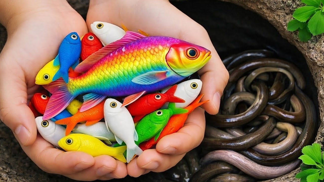 Catching Exotic Aquarium Fish While Exploring a Small Pond: eel, pencil fish, guppies, nemo fish