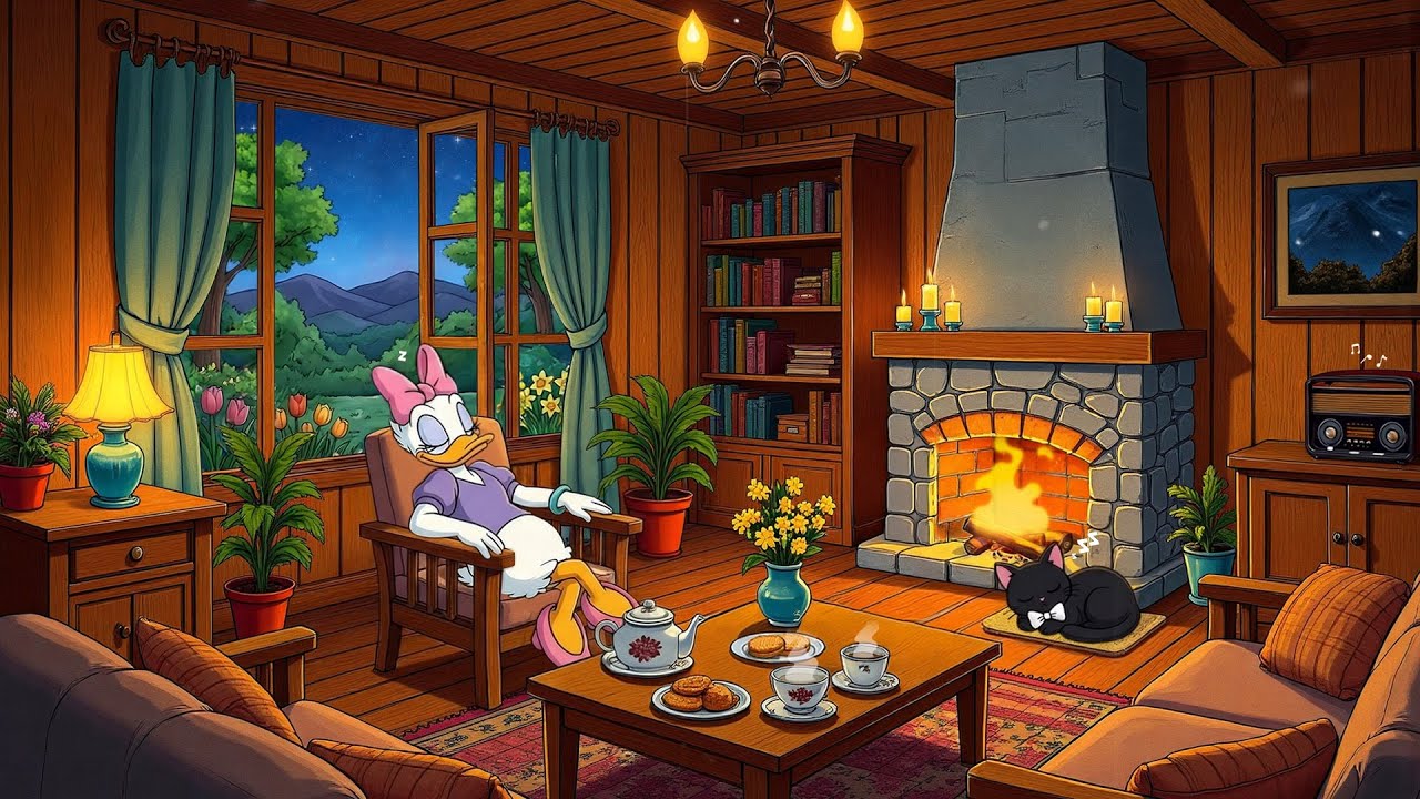 Vintage Oldies Playing in Another Room on a Cozy Night with Gentle Fireplace Ambiance for Relaxation